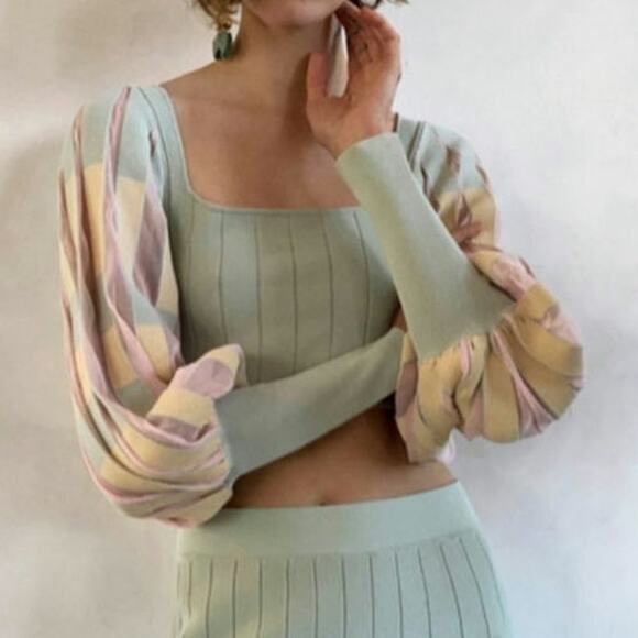 Zara EUC pleated knit cropped sweater top Small Pale green beige light pink - Picture 1 of 16